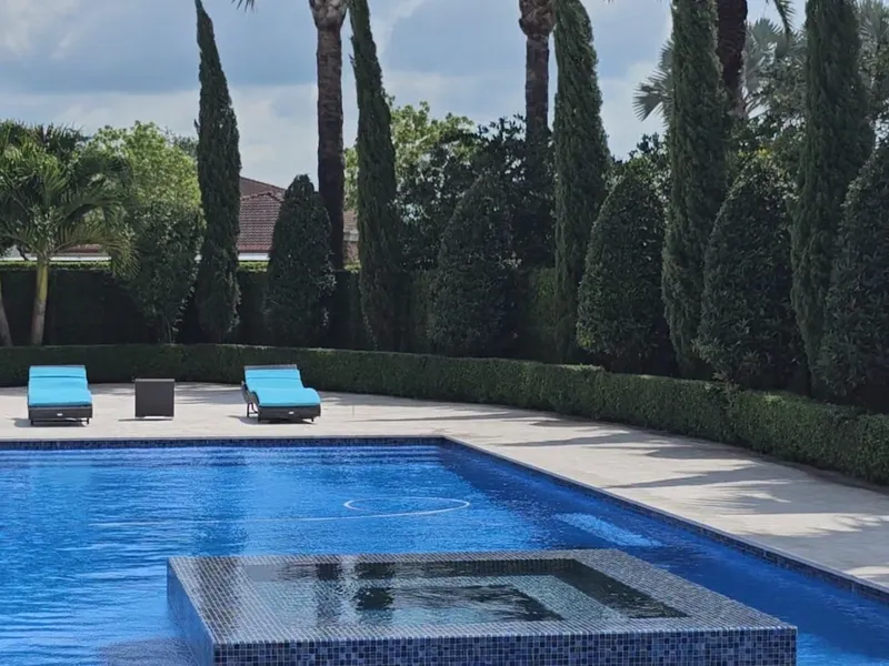 Trimmed hedges and columnar trees around a backyard pool