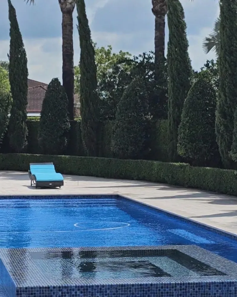 Trimmed hedges and columnar trees around a backyard pool